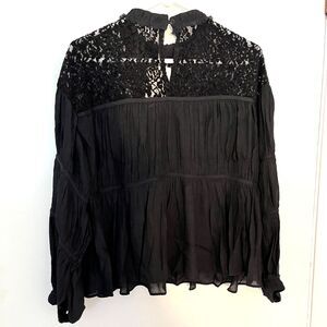 Brand New See U Soon, Anthropology Black Ruched and Lace layered Blouse Sz L
